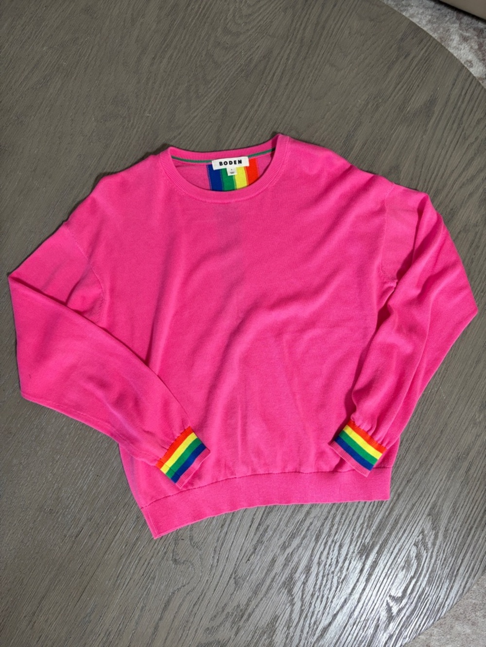 Boden Bright Pink Crewneck with Rainbow Cuff Detail